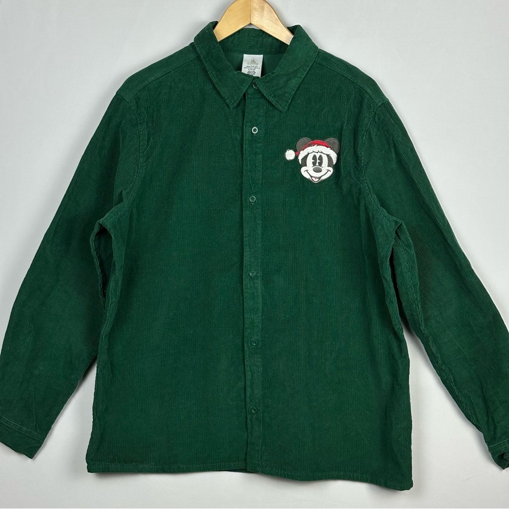 Disney green corduroy button down shirt - Mickey Mouse w/ Santa hat - size L